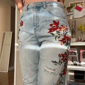 Topshop Floral Embroidery Mom Jeans